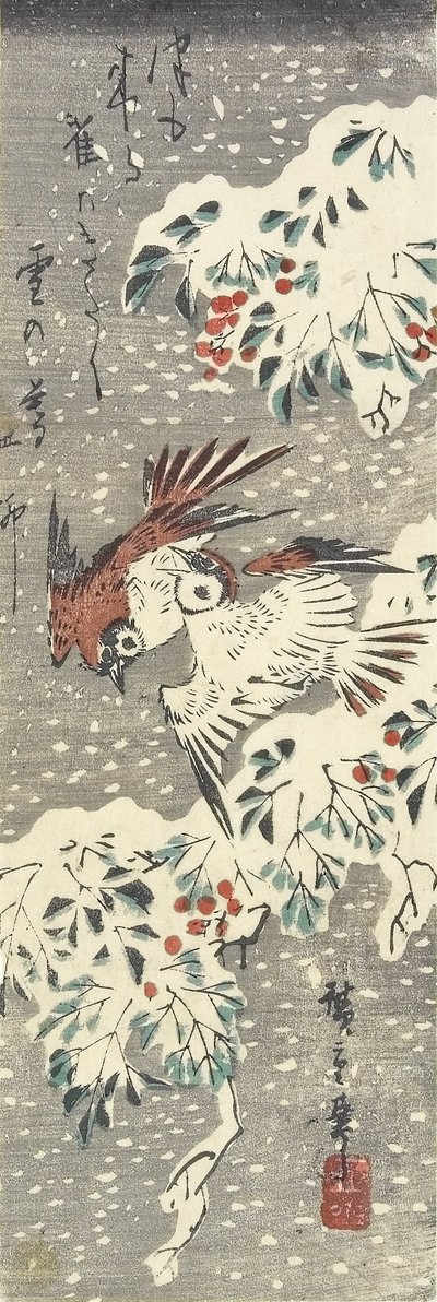 (Himmelsk bambus og spurve i sne), 1830-1858 af Utagawa Hiroshige