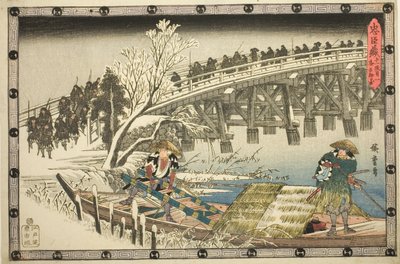 Act 11, Part 1: The Approach to the Night Attack (Juichidanme ichi, yochi oshiyose), fra serien "The Revenge of the Loyal Retainers (Chushingura)" af Utagawa Hiroshige