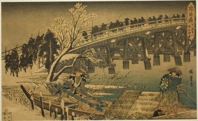 Act 11, Part 1: The Approach to the Night Attack (Juichidanme ichi, yochi oshiyose), fra serien "The Revenge of the Loyal Retainers (Chushingura)" af Utagawa Hiroshige