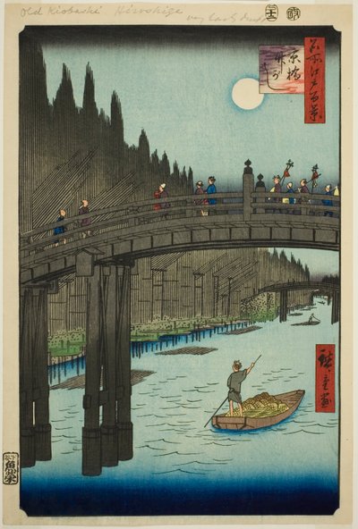 Placer m bog oya rds plan d living bri dge (ibashi bambus flodbred), fra serien s ``Ridge part d re d fa net s view ws f Edo (berømt sted 100 views of Edo)