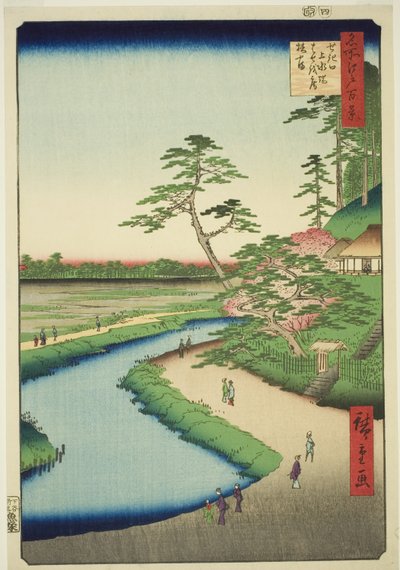 Bashos hytte på Camellia Hill ved siden af akvadukten i Sekiguchi (Sekiguchi josui-bata Bashoan Tsubakiyama), fra serien "Hundrede berømte udsigter over Edo (Meisho Edo hyakkei)". af Utagawa Hiroshige