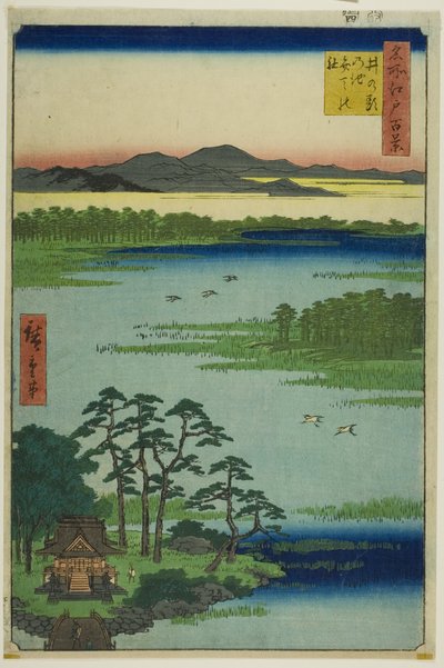 Benten-helligdommen og Inokashira-dammen (Inokashira no ike Benten no yashiro), fra serien "Hundrede berømte udsigter over Edo (Meisho Edo hyakkei)" af Utagawa Hiroshige