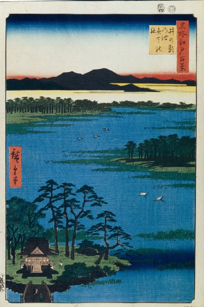 Benten-helligdommen ved Inokashira-dammen. Et hundrede berømte udsigter over Edo, ca. 1858 af Utagawa Hiroshige
