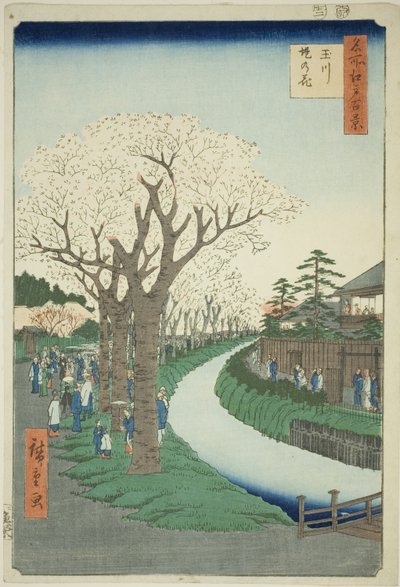 Bosso MS sound te tamari ver billedversion k overflade t (Tamagawa Tsutsumi no Hana), fra serien "Ridge d re d fa net view ws f Edo (One Hundred Famous Views of Edo) )" af Utagawa Hiroshige