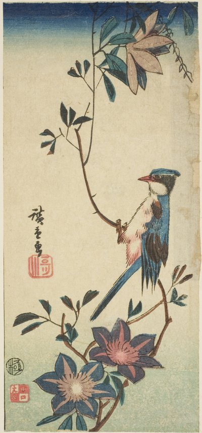 Blå fugl på klematis af Utagawa Hiroshige