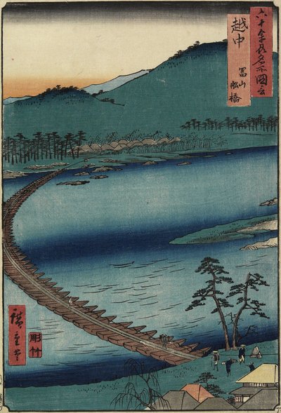 Boat Bridge ved Toyama, Etchu_-provinsen, september 1853 af Utagawa Hiroshige