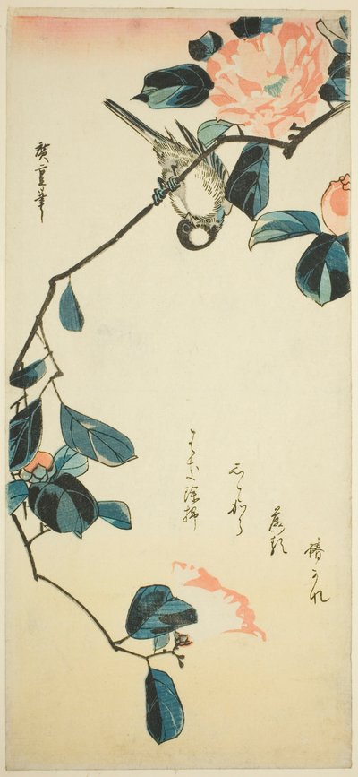 Bullfinch på kameliagren af Utagawa Hiroshige