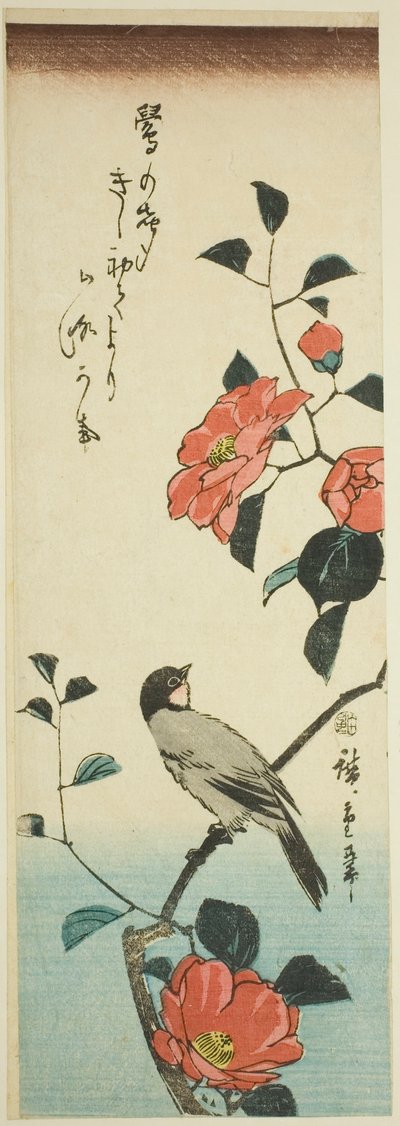 Camellia blomster og bullfinch af Utagawa Hiroshige