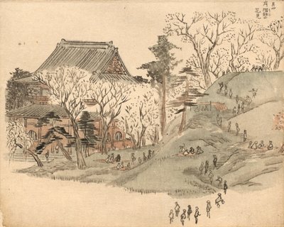 Kirsebærblomstskue ved templet på Suribachi-bjerget efter et motiv i bind 5 af »Ehon Edo miyage« (Billedbog om souvenirs fra Edo) af Utagawa Hiroshige