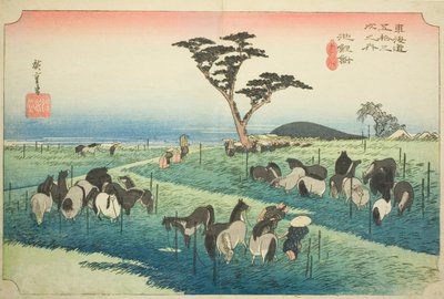 Chiryu: Early Summer Horse Market (Chiryu, shuka uma ichi), fra serien "Fifty-three Stations of the Tokaido (Tokaido gojusan tsugi no uchi)," også kendt som Hoeido Tokaido af Utagawa Hiroshige
