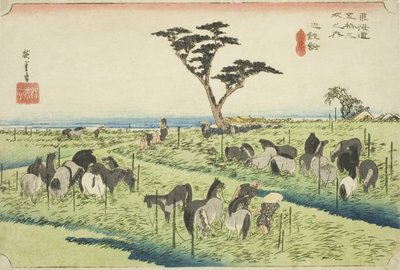 Chiryu: Early Summer Horse Market (Chiryu, shuka uma ichi), fra serien "Fifty-three Stations of the Tokaido (Tokaido gojusan tsugi no uchi)," også kendt som Hoeido Tokaido af Utagawa Hiroshige