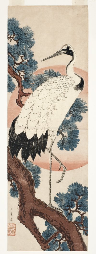 Trane i fyrretræ ved solopgang, 1850-55 (træblok) af Utagawa Hiroshige
