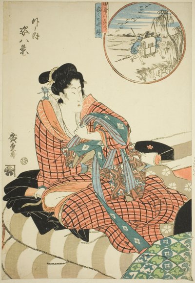 Nedstigende gæs ved rismarkerne (Tanbo no rakugan) og aftenklokken om morgenen (Kinuginu no bansho), fra serien "Eight Views of Figures Inside and Outside (Soto to uchi sugata hakkei)" af Utagawa Hiroshige