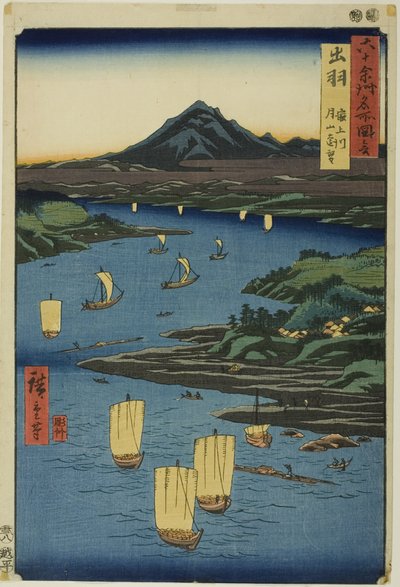 Dewa-provinsen: Mogami-floden og en fjern udsigt over Mount Gassan (Dewa, Mogamigawa, Gassan enbo), fra serien "Berømte steder i de ca. 60 provinser (Rokujuyoshu meisho zue)" af Utagawa Hiroshige
