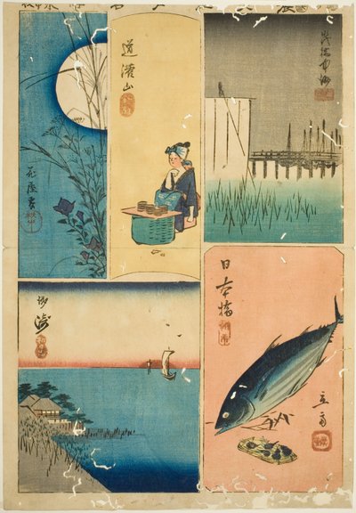 Eitai Bridge, Nihon Bridge, Susaki, Flower Garden og Dokan Hill (Eitaibashi, Nihonbashi, Susaki, Hanayashiki, Dokanyama), fra serien "Cutouts of Famous Places in Edo (Harimaze Koto meisho)" af Utagawa Hiroshige