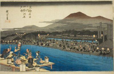 Nyder aftenen køligt på flodbedet ved Shijo (Shijogawara yusuzumi), fra serien "Famous Places in Kyoto (Kyoto meisho no uchi)" af Utagawa Hiroshige