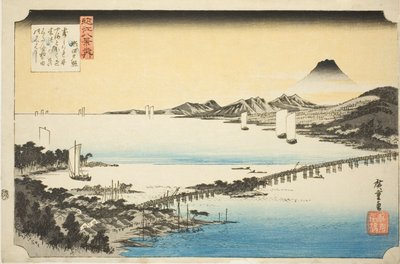 Evening Glow at Seta Bridge (Seta no sekisho), fra serien "Eight Views of Omi (Omi hakkei no uchi)" af Utagawa Hiroshige
