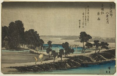 Evening Rain at Azuma Shrine (Azuma no mori yau), fra serien "Eight Views in the Environs of Edo (Edo Kinko hakkei no uchi)" af Utagawa Hiroshige