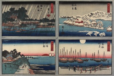 Aftensne ved Shinobazu, Efterårsmåne ved Takanawa, Solopgang ved Susaki, Natregn ved Sumida-floden, 1843-1847 af Utagawa Hiroshige