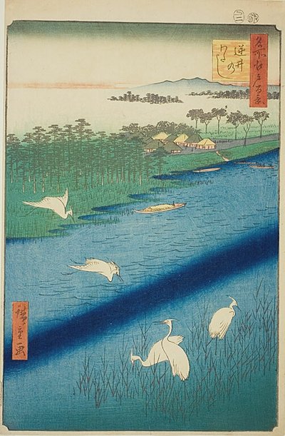 Færgeoverfart ved Sakasai (Sakasai no watashi), nr. 67 fra serien "One Hundred Famous Views of Edo (Meisho Edo hyakkei)" af Utagawa Hiroshige