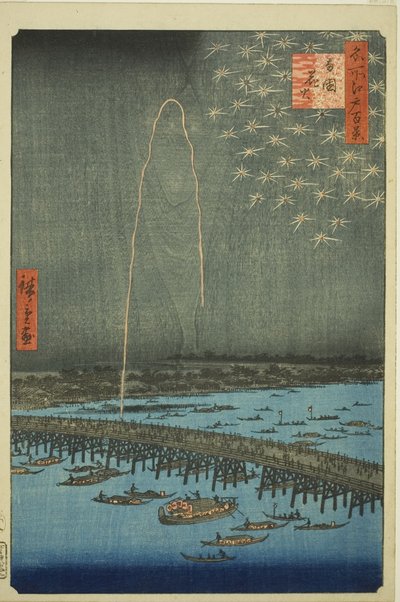 Filet rks på Rokoku (Rokoku Fireworks), fra serien "Ridge d re d Fa net s Views of Edo (One Hundred Famous Views of Edo)" af Utagawa Hiroshige