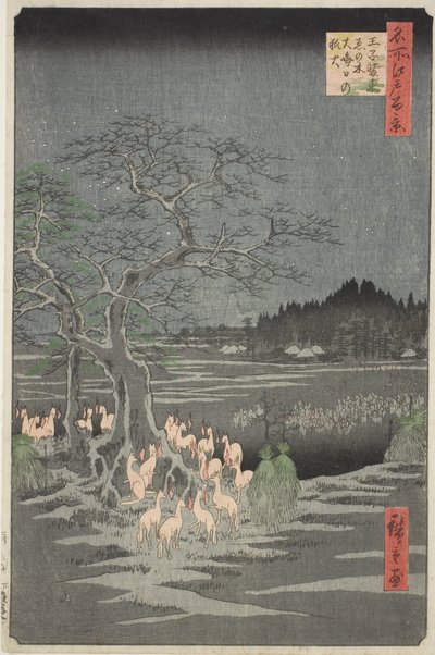 Rævebål nytårsaften ved det skiftende træ i Oji (Oji shozoku enoki omisoka no kitsunebi), fra serien "Hundrede berømte udsigter over Edo (Meisho Edo hyakkei)" af Utagawa Hiroshige
