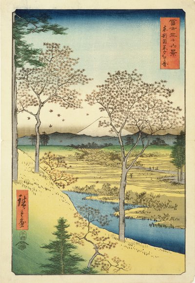 Fuji fra Yuhi-Ga, Megwo, nr. 10 fra serien "36 views of Mt.Fuji" ("Fuji Saryu Rokkei"), (farve-træsnit) af Utagawa Hiroshige