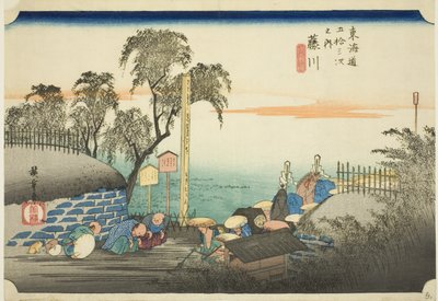 Fujikawa: View of Post Outskirts (Fujikawa, bohana no zu), fra serien "Fifty-three Stations of the Tokaido (Tokaido gojusan tsugi no uchi)," også kendt som Hoeido Tokaido af Utagawa Hiroshige