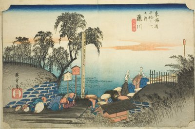 Fujikawa: View of Post Outskirts (Fujikawa, bohana no zu), fra serien "Fifty-three Stations of the Tokaido (Tokaido gojusan tsugi no uchi)," også kendt som Hoeido Tokaido af Utagawa Hiroshige