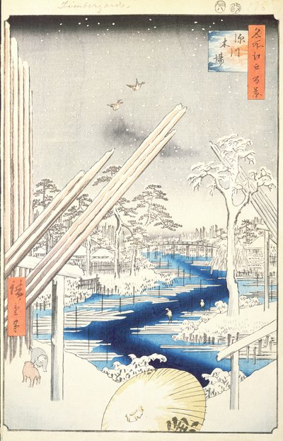 Fukagawa Lumberyards, nr. 106 fra One Hundred berømte udsigter over Edo, 1856 (træblok farvetryk) af Utagawa Hiroshige
