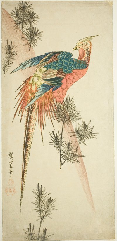 Guldfasan og fyrreskud i sne af Utagawa Hiroshige