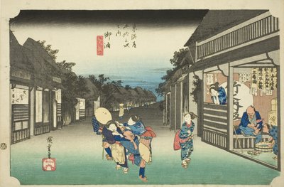 Goyu: Women Stopping Traveler (Goyu, tabibito tomeru onna), fra serien "Fifty-three Stations of the Tokaido (Tokaido gojusan tsugi no uchi)," også kendt som Hoeido Tokaido af Utagawa Hiroshige