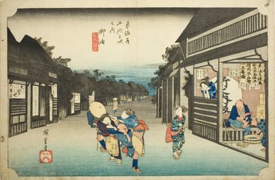 Goyu: Women Stopping Traveler (Goyu tabibito tomeru onna), fra serien "Fifty-tre stations of the Tokaido (Tokaido gojusan tsugi no uchi)," også kendt som Hoeido Tokaido af Utagawa Hiroshige