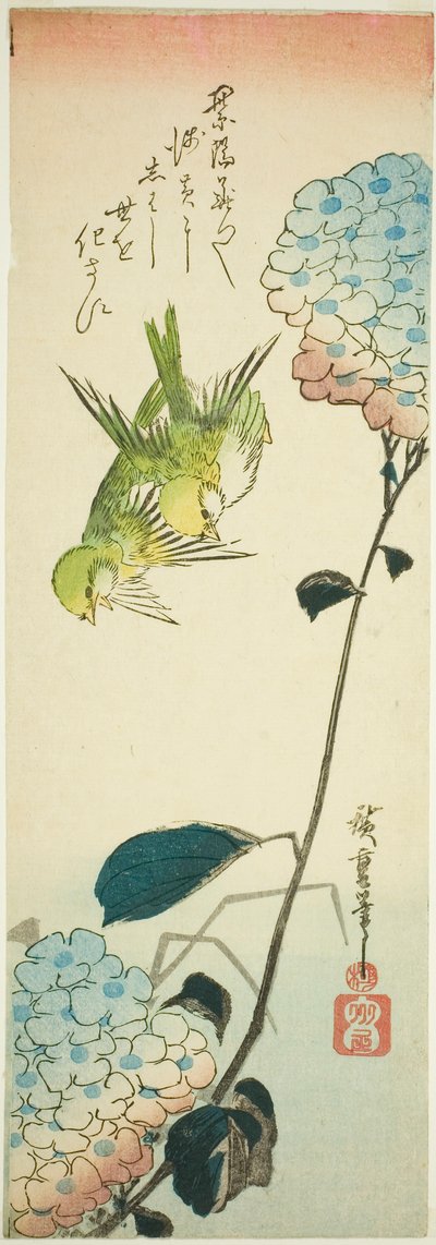 Grønne fugle og hortensiaer af Utagawa Hiroshige