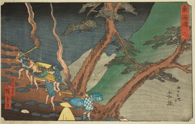 Hakone: At rejse med fyrrefakler om natten (Hakone, yonaka taimatsu tori)—Nr. 11, fra serien "Fifty-three Stations of the Tokaido (Tokaido gojusan tsugi)," også kendt som Reisho Tokaido af Utagawa Hiroshige