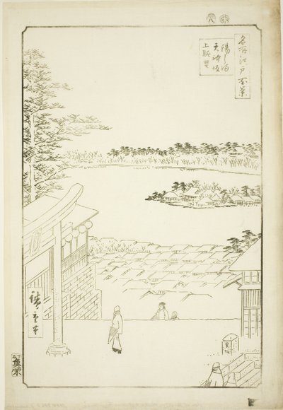 Træk l og p visning fra Yushima Tenjin Shline (Yushima Tenjin Sakaue Tembo), fra serien ``Ridge dre d fa net s views of Edo (One hundred famous views of Edo)