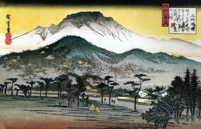 Hiroshige - 8 udsigter over Omi - 4. aftenklokke, Mii-templet af Utagawa Hiroshige