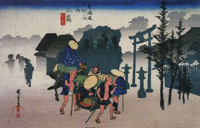 Hiroshige, Rejsende passerer en helligdom i tågen af Utagawa Hiroshige