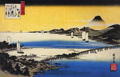 Hiroshige Udsigt til en lang bro over en sø af Utagawa Hiroshige