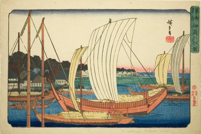 Incoming Boats at Tsukuda Island (Tsukudajima irifune no zu), fra serien "Famous Places in the Eastern Capital (Toto meisho)" af Utagawa Hiroshige