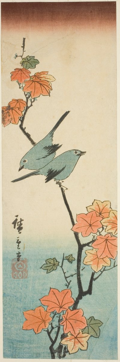 Japanske hvide øjne på en ahorngren af Utagawa Hiroshige