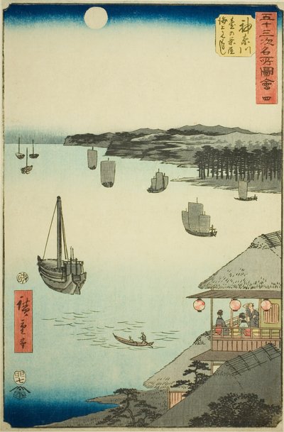 Kanagawa: Udsigt over havet fra tehusene på bakken (Kanagawa, dai no chaya kaijo miharashi), nr. 4 fra serien "Famous Sights of the Fifty-tre Stations (Gojusan tsugi meisho zue)," også kendt som den lodrette Tokaido af Utagawa Hiroshige