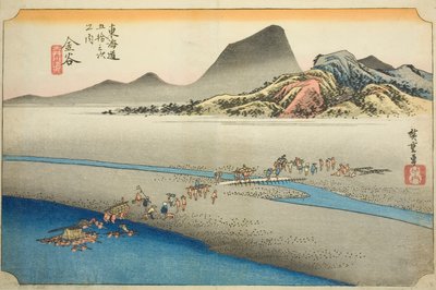 Kanaya: The Far Bank of the Oi River (Kanaya, Oigawa engan), fra serien "Fifty-three Stations of the Tokaido Road (Tokaido gojusan tsugi no uchi)," også kendt som Hoeido Tokaido af Utagawa Hiroshige