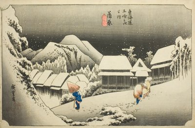 Kanbara: Evening Snow (Kanbara, yoru no yuki), fra serien "Fifty-three Stations of the Tokaido (Tokaido gojusan tsugi no uchi)," også kendt som Hoeido Tokaido af Utagawa Hiroshige