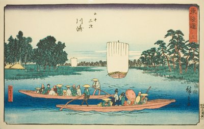 Kawasaki: Rokugo-færgen (Kawasaki, Rokugo no watashi) – nr. 3, fra serien "Fifty-three Stations of the Tokaido (Tokaido gojusan tsugi)," også kendt som Reisho Tokaido af Utagawa Hiroshige