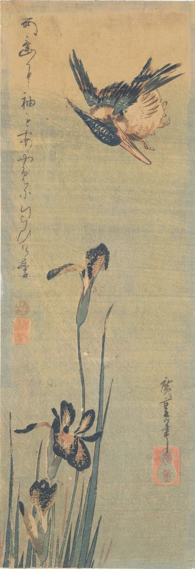 Isfugl flyver over en iris af Utagawa Hiroshige