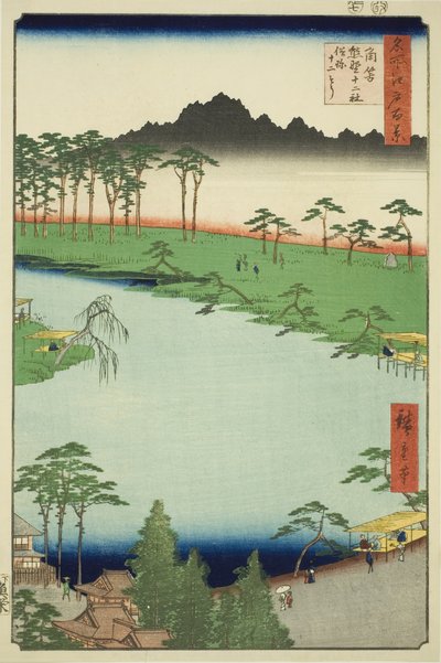 Kumano Junisha-helligdommen i Tsunohazu, populært kendt som Juniso (Tsunohazu Kumano Junisha, zokusho Juniso), fra serien "One Hundred Famous Views of Edo (Meisho Edo hyakkei)" af Utagawa Hiroshige