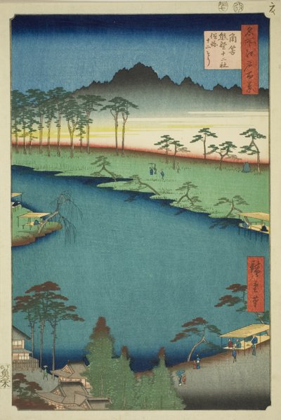 Kumano Junisha-helligdommen i Tsunohazu, populært kendt som Juniso (Tsunohazu Kumano Junisha, zokusho Juniso), fra serien "One Hundred Famous Views of Edo (Meisho Edo hyakkei)" af Utagawa Hiroshige