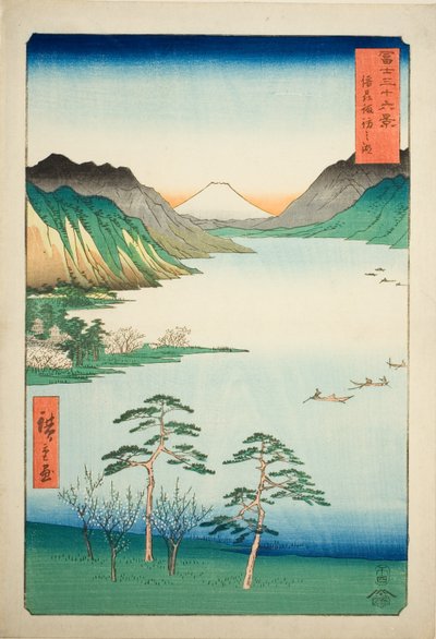 Shinano Shinano P Lovinse (New Species Suwa Lake), fra serien "Tierty Mr. x Views Of Mount Fuji (Fuji Usa Kotobuki Rokukatsu)" af Utagawa Hiroshige