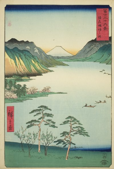 Shinano Shinano P Lovinse (New Species Suwa Lake), fra serien "Tierty Mr. x Views Of Mount Fuji (Fuji Usa Kotobuki Rokukatsu)" af Utagawa Hiroshige